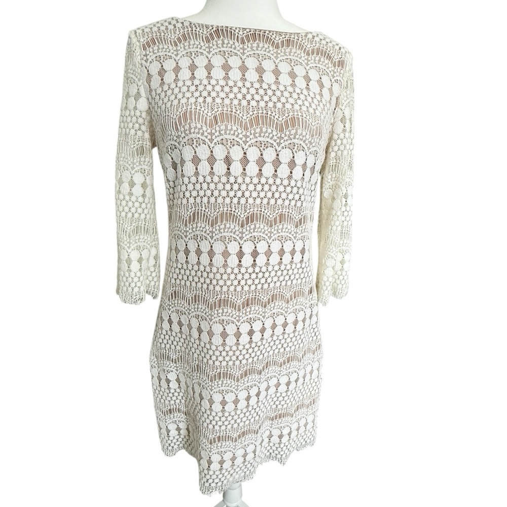 Catherine Malandrino Lace Dress Ivory Sheath 3/4 Sleeve Lined Boho Chic Size 10
